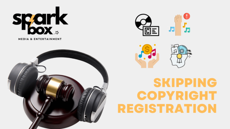 Illustration of headphones placed on a judge's gavel, accompanied by icons representing copyright, music, and financial protection, emphasizing the importance of registering music for copyright in India.
