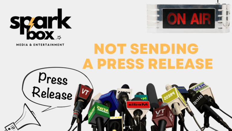 A group of colorful microphones with media logos, a speech bubble saying 'Press Release,' and an 'ON AIR' sign, highlighting the role of press releases in promoting music releases.